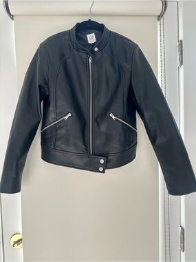 GAP Kids Black Faux Leather Moto Jacket with Snap Hem